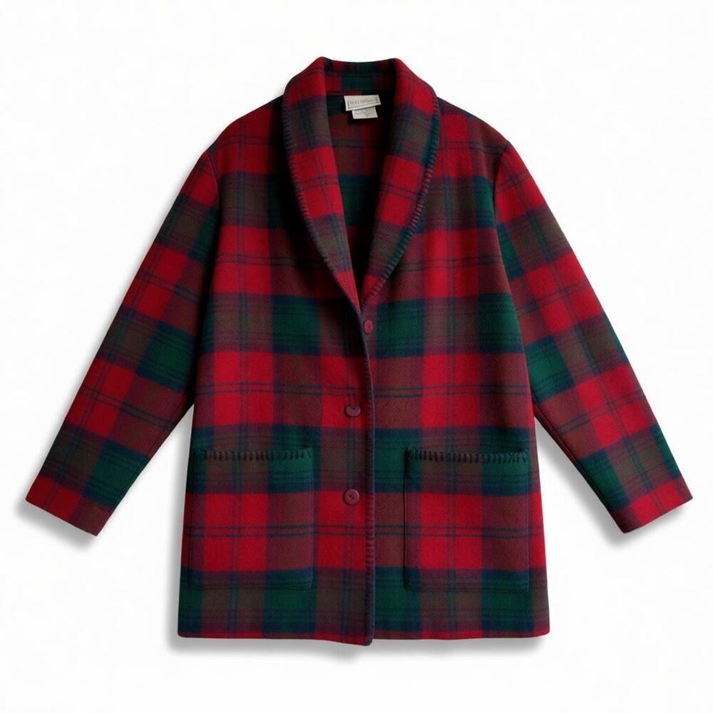 Vintage Plaid Wool Blend Southwest Arizona Jacket Shawl Collar Whipstitch Edge M